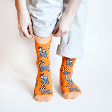 model standing as they pull up orange lemur socks from the right cuff