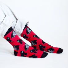 sitting model wearing red and black gorilla socks, side view