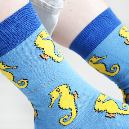 closeup of model wearing bamboo seahorse socks