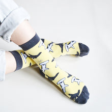 birds eye view of sitting model with crossed ankles wearing pastel yellow shark socks