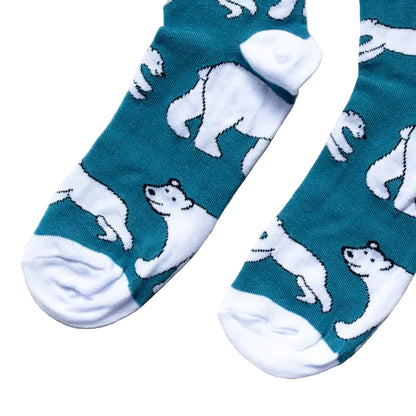 toe closeup flat lay of blue and white polar bear socks